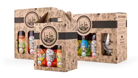 Coffrets cadeaux de bière normande illustrés et logotés à l'image de la Brasserie La Lie